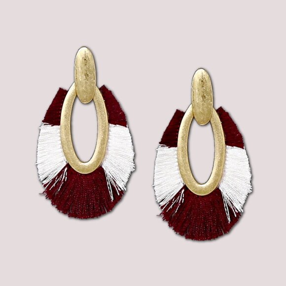 Crimson Red & White Alabama Gameday Gold Dipped Fringed Boho Earrings - Picture 3 of 4